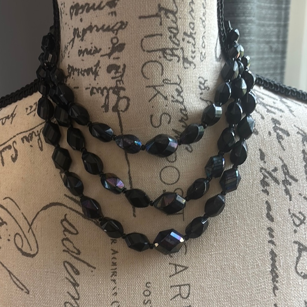 Black Layered Beaded Necklace Statement Piece translucent appearance